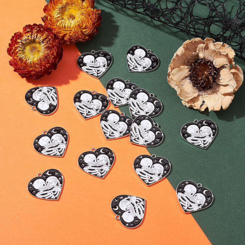 KitBeads 20pcs Heart Shaped Skull Charms Couple Kissing Skeleton Charms Star Moon Dark Night Celestial Black Heart Charms for Jewelry Making Bulk...