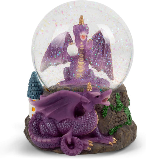 Elanze Designs Purple Dragon with Orb on Castle Tabletop Figurine Decoration 100MM Sturdy Glitter Water Musical Snow Globe Plays Tune Fantasie Imp...