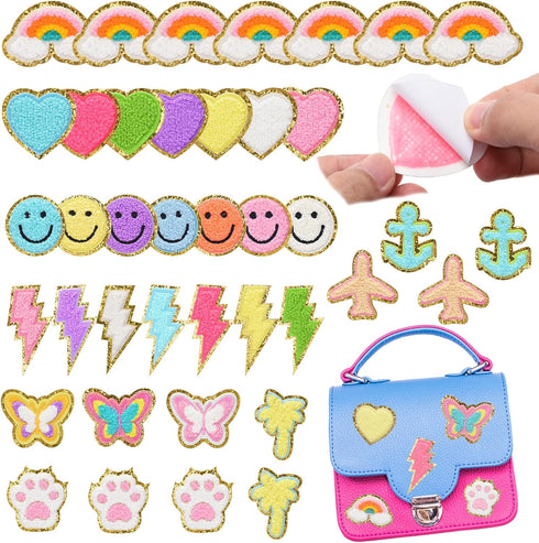 40 Pcs Cute Chenille Embroidered Stick on Patches,Self Adhesive Glitter Chenille Rainbow Heart Iron Letters Patches Applique Sew Fabric Stickers f...