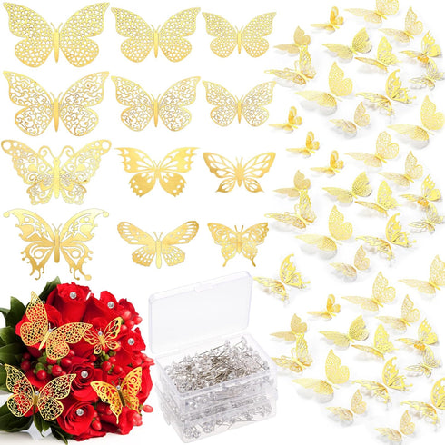 Dicunoy 296 PCS Flower Bouquet Pins, 3D Gold Butterfly Wall Decor for Wedding, 2 Inch Bouquet Corsage Diamond Head Pins for DIY Craft, Flower Arra...