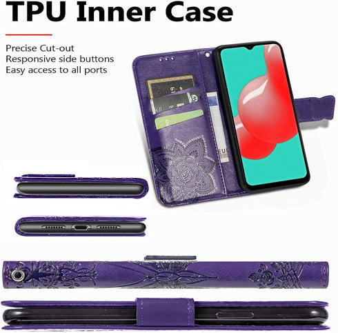 PU Leather Wallet Flip Protective Phone Case with Wrist Strap Card Slots Holder Pocket Emboss Butterfly Flower Stand Case for Samsung Galaxy A32 5...