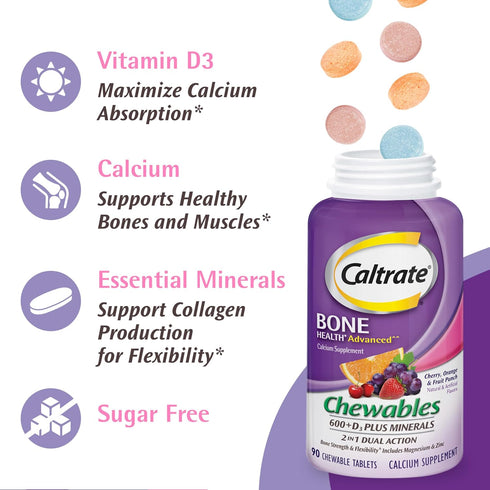 Caltrate Chewables 600 +D3 Plus Minerals Calcium and Vitamin D, Sugar Free, Cherry, Orange and Fruit Punch, 90 Count...