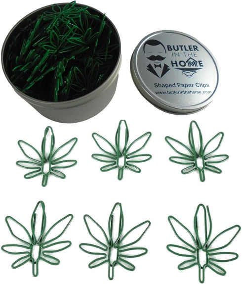 100 Count Pot Leaf Shaped Paper Clips Great for Paper Clip Collectors or Office Gift - Comes in Round Tin with Lid and Gift Box - Green...