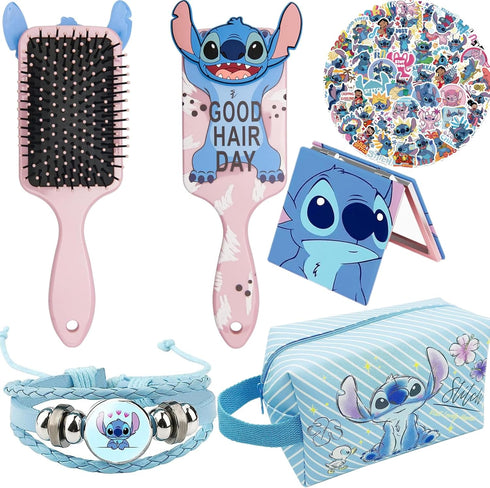 Blue Travel Cosmetic Makeup Bag Sets Include Double Sided Cosmetic Mirror, Hair Brush, PU Travel Toilet Bag, Woven Braclece and 50 Stickers, Makeu...
