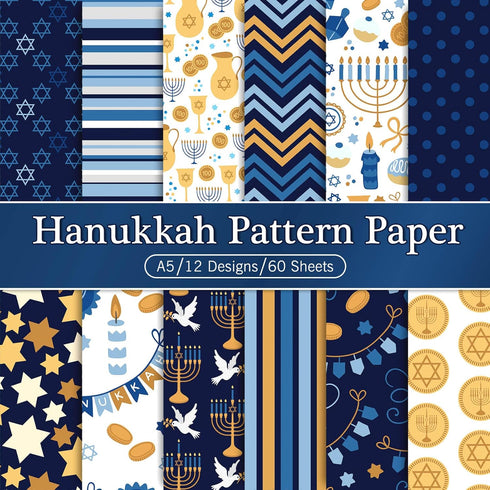 Whaline 60 Sheet Hanukkah Pattern Paper A5 Size Hanukkah Star Lamp Spinning Top Scroll Flagon Scrapbook Paper Double-Sided Craft Paper Folded Flat...