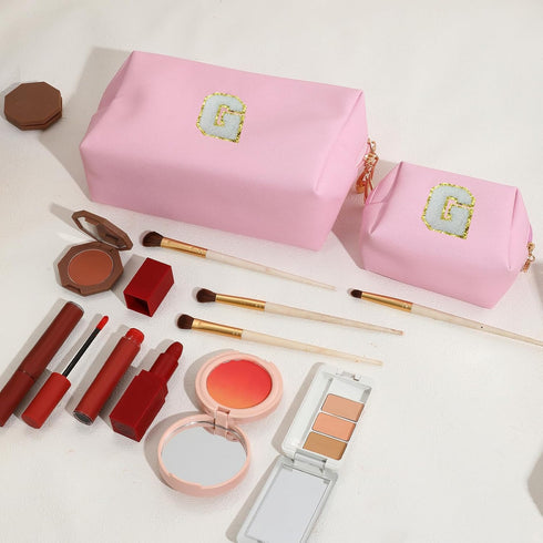 Personalized Initial Letter Makeup Bag Preppy Patch Bag, 2Pcs Waterproof PU Leather Chenille Letter Cosmetic Bag, Pink Travel Makeup Bag with Zipp...