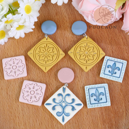 Puocaon Mexican Talavera Clay Cutters - 11 Pcs Clay Cutters for Polymer Clay Jewelry, Portuguese Tiles Polymer Clay Jewelry Cutters, Floral Tile C...