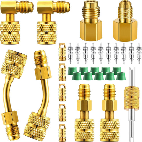 34 Pcs R410a Adapter Kit Mini Split Adapter 45° 90° Refrigerant Hose Adapter, 5/16'' Female 1/4'' Male, 1/2'' to 1/4'' Tank Adapter with Valve Cor...