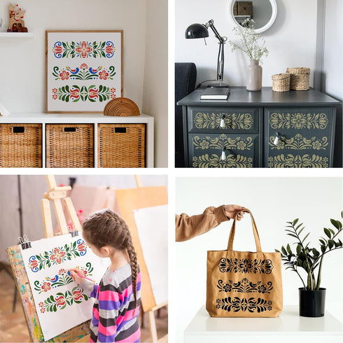 BENECREAT Plastic Folk Decorative Painting Stencil Templates, 12x12inch Floral Pattern Scandinavian Style Reusable Drawing Stencils for DIY Art Cr...