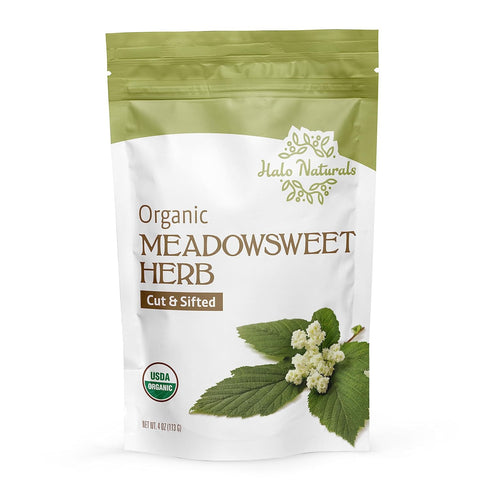 Halo Naturals Organic Meadowsweet Herb Cut & Sifted, 4 Ounces (Filipendula ulmaria) USDA Certified | Resealable Pouch| Packaged in The USA (Pack o...