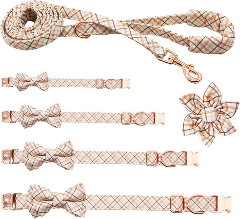 Plaid Dog Collar Leash Set with Bow Tie Adjustable Cute Puppy Collar with Durable Metal Buckle Girls Boys Dog Collar for Small Medium Large Dogs P...
