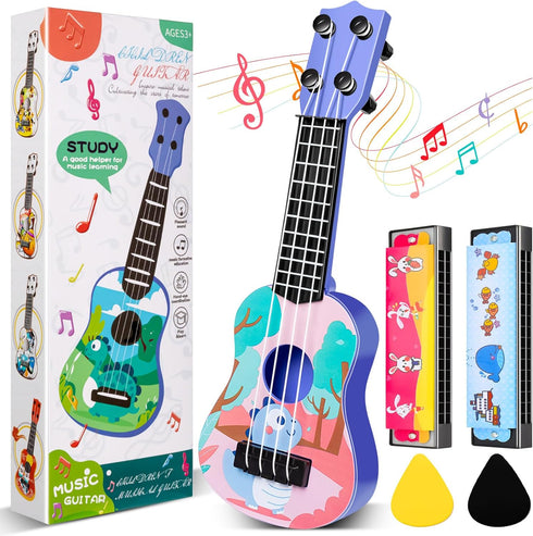 Kids Guitar 10" Musical Toy Guitar, Classical Mini Toddler Ukulele with 2 Extra Harmonica 16 Holes and 2 Guitar pick (Dinosaur)...