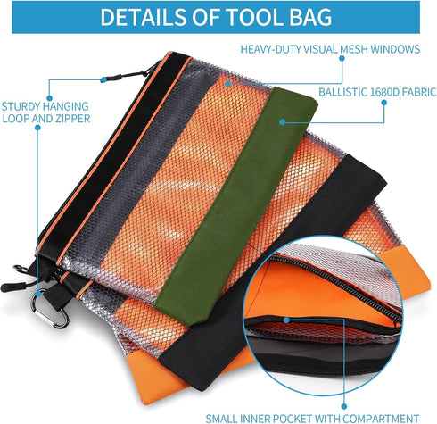 BESARME 3 Pcs 11.8" Clear Tool Pouch with Zipper Heavy-Duty Small Tool Bag Waterproof Zipper Tool Pouch with Mesh Window Electrician Tool Pouch fo...