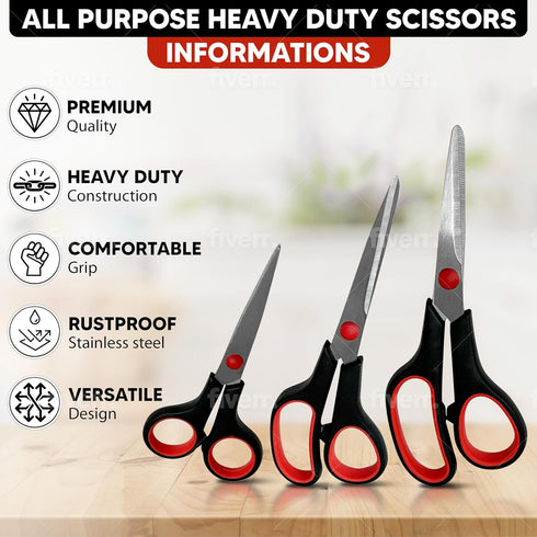 Scissors All Purpose Heavy Duty Pack of 3 – Ultra Sharp Stainless Steel Craft Scissors – Ergonomic Handle Office Scissors with Comfortable Non-Sli...