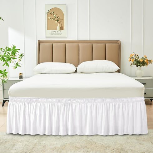 Biscaynebay Wrap Around Bed Skirts for King & Cal King Beds with Short Drop of 12", White Adjustable Elastic Dust Ruffles Easy Fit Wrinkle Resista...