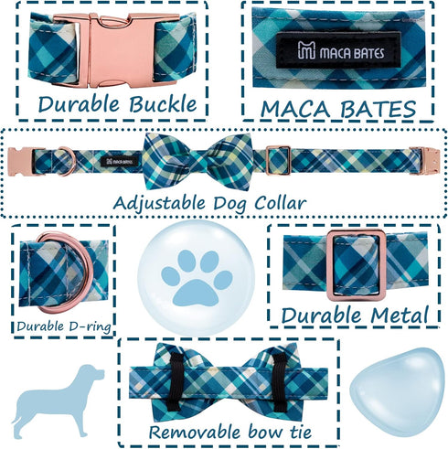 Maca Bates Blue Checkered Dog Collar with Bow Bowtie for Dogs Bows Tie Grid Summer Plaid Adjustable Breakaway Collars Accessories Birthday Gift fo...