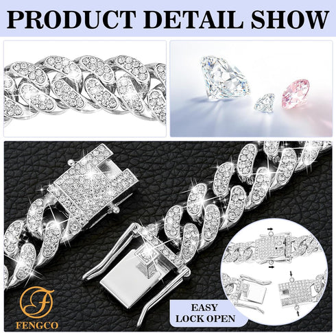 Silver Dog Chain Collar Diamond Cuban Link Dog Collar 13mm Wide Dog Necklace Metal Cat Chain Pet Crystal Collar Jewelry Accessories for Small Medi...