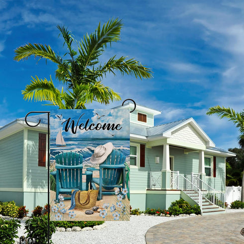Welcome Summer Blue Sea Ocean Chairs Myosotis Sylvatica Flower Beach Garden Flag, Coastal Nautical Seagull Sailboat Bag Hat Decorative House Yard ...