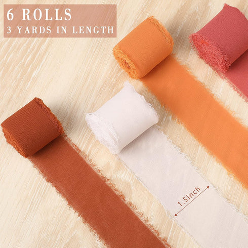 Chuangdi 6 Rolls Fall Terracotta Chiffon Ribbon 1.5 Inch x 5.5 Yard Boho Handmade Fringe Ribbon for Wedding Invitation, Bridal Bouquet, Gift Wrapp...