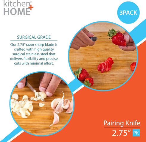 Kitchen Home Paring Knife – 2.5” Ultra Sharp Surgical Stainless Steel Paring Knives – 3 Pack...