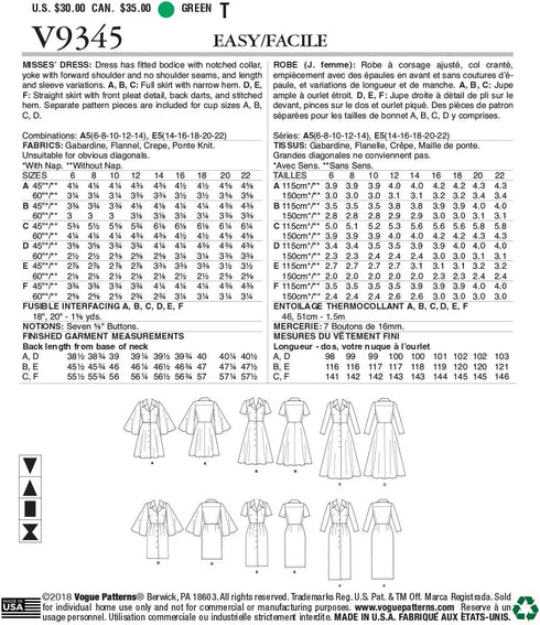 Vogue V9345E5 Easy Women's Notched Collar Dress Sewing Patterns, Sizes 14-22...