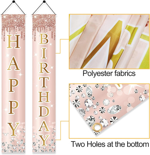 Pink Rose Gold Happy Birthday Door Banner Decorations, Birthday Party Porch Sign Supplies for Women Girls, Sweet 16th 21st 30th 40th 50th 60th Bir...