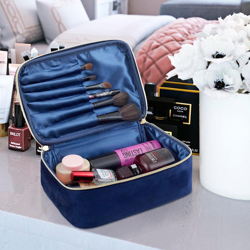 KOPY Velvet Makeup Bag for Women, Large and Classy Makeup Organizer, Make Up Travel Toiletry Bag Portable With Handle (Navy)...