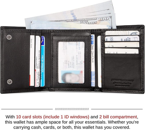Mens Wallet with Chain, Genuine Leather Trifold Wallet RFID Blocking Anti-Theft Chain for Biker, Motorcycle(Black)...
