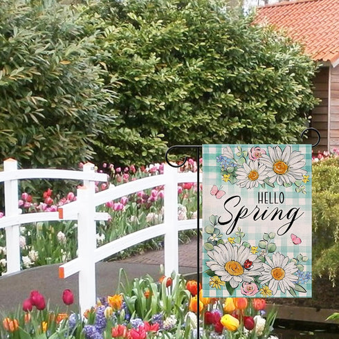 Hello Spring Daisy Flower Small Decorative Garden Flag, Floral Eucalyptus Leaves Teal Plaid Yard Lawn Outside Decor, Butterfly Farmhouse Burlap Ou...