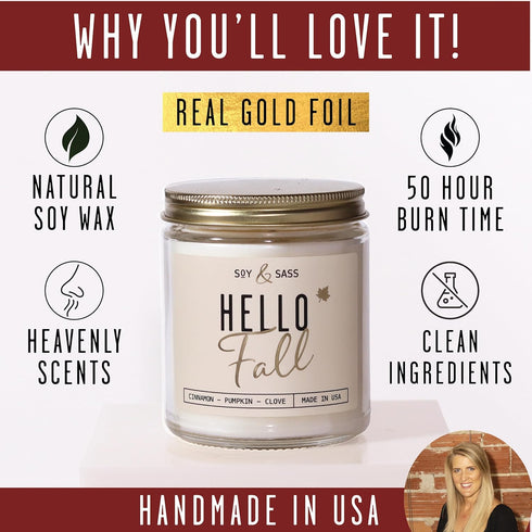 Fall Candles - 'Hello Fall' Fall Candle w/Cinnamon, Spice & Pumpkin Candle I Infused with Essential Oils I Autumn Fall Scented Candles I Pumpkin S...