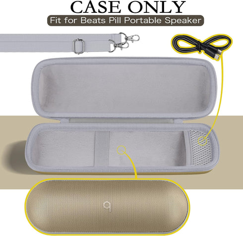 for Beats Pill Wireless Bluetooth Speaker Hard Protective Case with Shoulder Strap, Portable Travel Case Replacement (Champagne Gold Case) - co2CR...