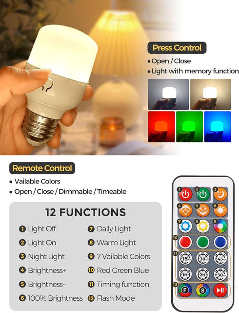 Fulighture 2 Pack Wireless Rechargeable Light Bulbs, E26 Battery Operated Light Bulb with Remote Control, Type-C Charging, RGB + Warm/Cool White, ...