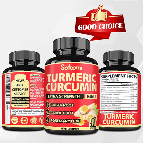 6in1 Turmeric Curcumin Supplement - 3 Month Supply - 95% Curcuminoids with Ginger Root, Garlic Bulb, Rosemary & Black Pepper - 90 Capsules...