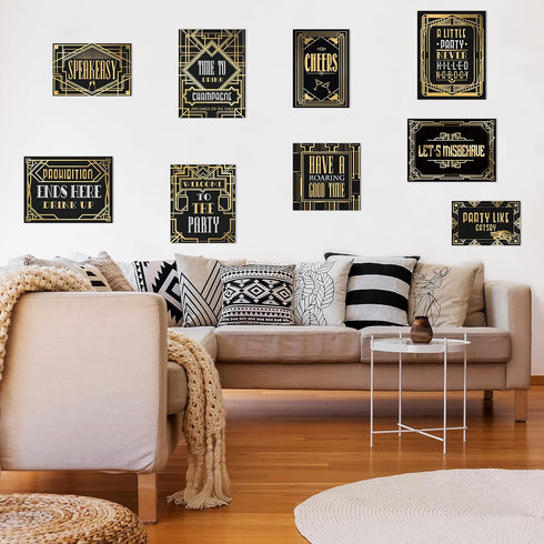 LINGXIU 9 Pieces Roaring 20s Party Decorations Black and Gold Retro Jazz Party Roaring Twenties Wall Signs Decorations Kit for 1920s Party Speakea...