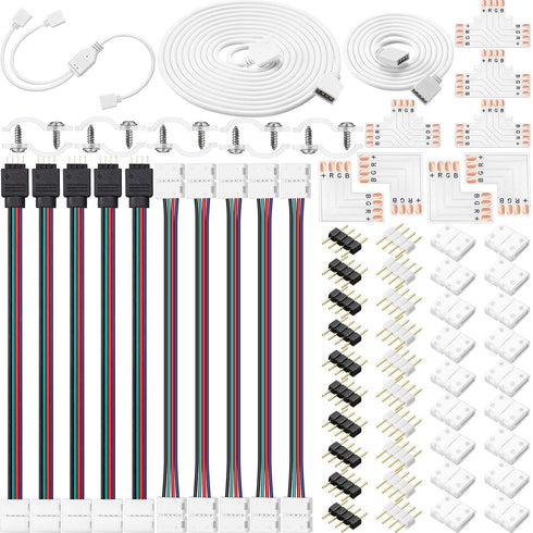 5050 4 Pin RGB 10mm LED Strip Connector Kit RGB Extension Cable, LED Strip Jumper, 2 Way RGB Splitter Cable, L Connectors, T Connector, Gapless Co...