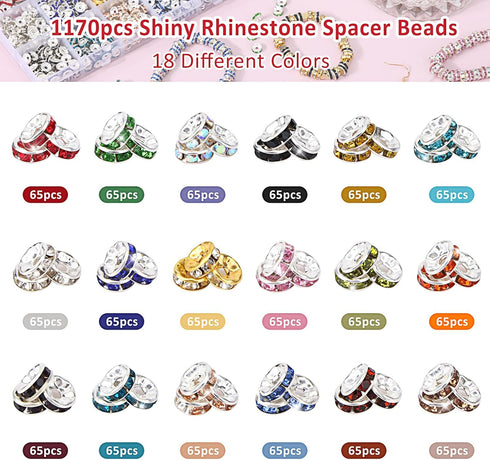 QUEFE 1170Pcs Rhinestone Spacer Beads for Jewelry Making, Rondelle Crystal 8mm Bead for Necklaces, Focal Beads for Pen, Bracelet Pendants (18 Colo...