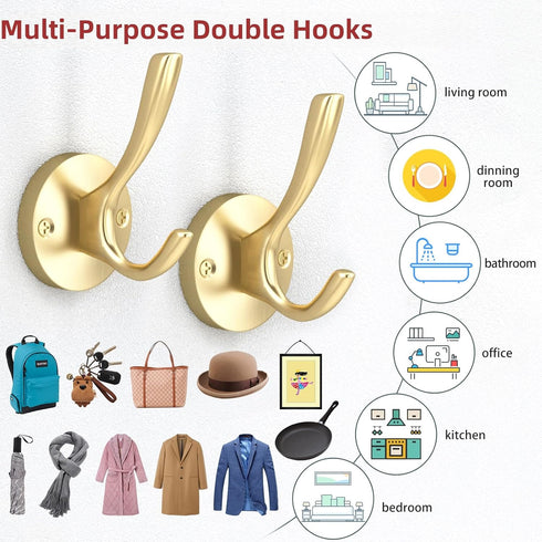 ZUONAI Gold Coat Hooks 2 Pack Heavy Duty Brushed Towel Hooks Screws Solid Brass Wall Gold Hooks for Hanging Coats, Hats, Jacket, Clothing and Keys...