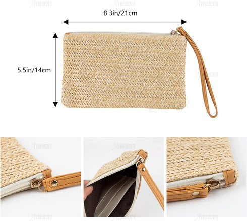 AUEAR, Women's Hand Wrist Type Straw Clutch Bag Bohemian Summer Beach Sea Handbag Purse Zipper Wristlet...