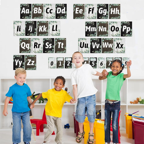 Whaline 36 Pack Eucalyptus Alphabet Number Bulletin Board Set Greenery Alphabet ABC Card Number 0-9 Card with Glue Points Green Leaves Prize Award...