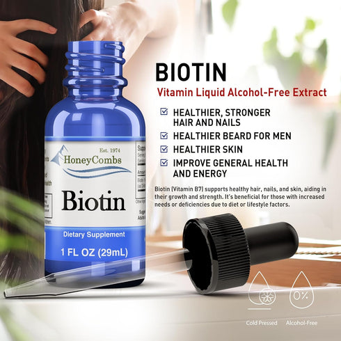 HoneyCombs Vitamin B7 (Biotin) Drops – Liquid Biotin Hair, Skin, Nails Supplement – Digestion & Hair Vitamins - Alcohol-Free, Non-GMO Vitamin Liqu...