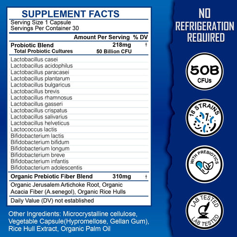 Probiotics 50 Billion CFU, 18 Strains + Prebiotics - Supports Digestive, Immune & Gut Health, Relief for Occasional Diarrhea, Gas & Bloating - Dai...