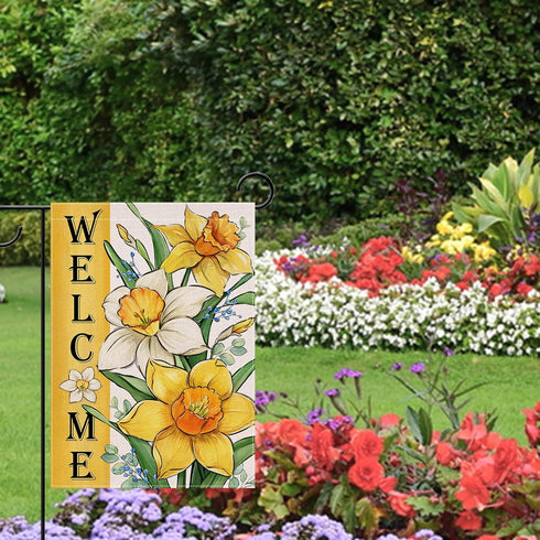 Welcome Spring Summer Floral Flower Small Decorative Garden Flag, Yellow Daffodil Eucalyptus Leaves Yard Lawn Outside Decor, Seasonal Burlap Outdo...