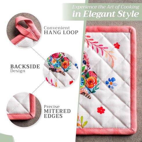 Maison d' Hermine Pot Holders Set 100% Cotton Heat Resistant Potholders 8" x 8" Hot Pads with Loop Cooking, Grilling, Kitchen, Handling Hot Pans S...