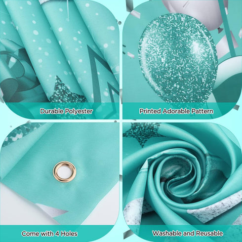 Teal and Silver Birthday Banner - Turquoise Green Party Decorations, Mint Blue Backdrop for Girls Boys Baby Shower, Glitter Party Supplies 71 x 44...