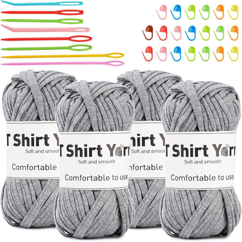 4 Pack T-Shirt Yarn Set, 3.5Oz Flat Crochet Yarn Soild Color Crocheting Yarn with Knitted Plastic Eye Needles for Summer Hand DIY Crocheting Proje...