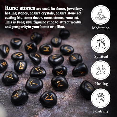Crocon Black Tourmaline Gemstone Elder Futhark Alphabet Engraved Symbol Rune Stone 25 pcs Set for Feng Shui Chakra Balancing Reiki Healing Spiritu...