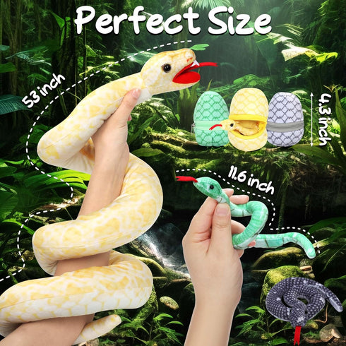 53 Inch Giant Snake Plush Mommy with 3 Babies - Mommy Snake with 3 Cute Babies & 3 Eggs Golden Python Realistic Snake Stuffed Animal Easter Gift f...