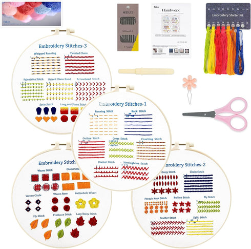 Enkor 4 Sets Embroidery Kit for Beginners Adults, Beginner Embroidery Kit for Adults, Floral Embroidery kit,Embroidery Kit for Beginners Flowers F...