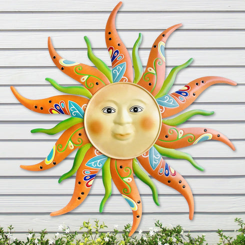 Metal Sun Wall Art Decor-17.3 inches Rustic Retro Sun Hanging Decoration for Indoor Outdoor Garden Yard Patio Fence Living Room Bedroom(Green)...