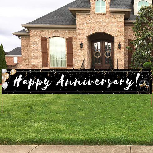 Romantic Happy Anniversary Decorations Banner - Black 118"x20" Bilingual "Feliz Aniversario" Sign, Extra Large Reusable Wedding Party Decor for In...